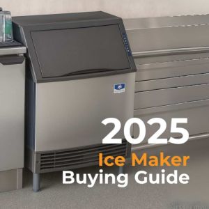Stainless-steel undercounter ice machine next to commercial kitchen cabinets with overlaid text “2025 Ice Maker Buying Guide”