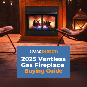 Cozy living room with a ventless gas fireplace and HVACDirect.com 2025 Ventless Gas Fireplace Buying Guide banner