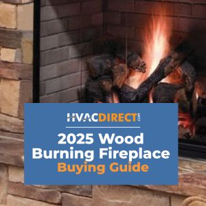 HVACDirect.com 2025 Wood Burning Fireplace Buying Guide banner with a lit wood-burning fireplace in a stone surround