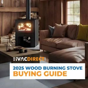 Modern wood burning stove in a cozy living room with stacked firewood, large windows, and comfortable seating, featured in the 2025 Wood Burning Stove Buying Guide from HVACDirect.com.
