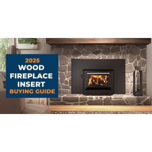 Modern living room with stone fireplace featuring an EPA-certified wood burning insert, part of the 2025 wood fireplace insert buying guide.