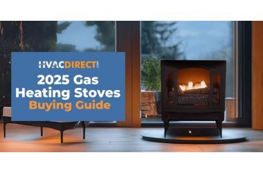 Modern gas heating stove in a cozy living room with flames visible, featured in the 2025 Gas Heating Stoves Buying Guide by HVACDirect.com.