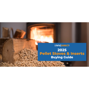 2025 Pellet Stoves and Inserts Buying Guide with wood pellets and fire burning in background