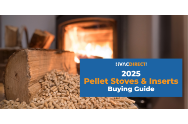 2025 Pellet Stoves and Inserts Buying Guide with wood pellets and fire burning in background