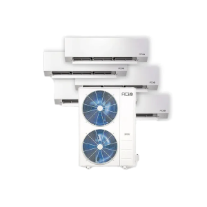 ACiQ 5‑zone ductless mini‑split system showing the outdoor condenser unit with two large blue‑tinted fans alongside five white indoor wall‑mounted air handlers.