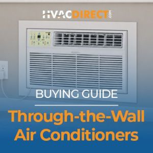 Through-the-wall air conditioner buying guide image featuring a wall-mounted room AC unit from HVACDirect.