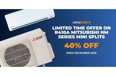 Banner showing Mitsubishi HM Series mini split—indoor air handler and outdoor condenser—with text: “Limited time offer on R410A Mitsubishi HM Series Mini Splits. Get up to 40% off all units. Ends December 2025.”