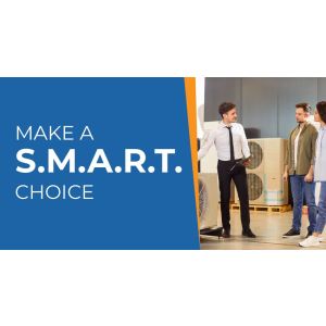 HVAC specialist showing customers energy-efficient air conditioning units with text overlay that says “Make a S.M.A.R.T. Choice”