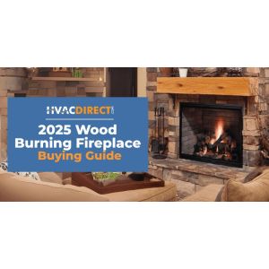 HVACDirect.com 2025 Wood Burning Fireplace Buying Guide banner with a lit wood-burning fireplace in a stone surround