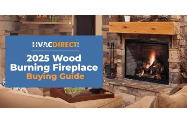 HVACDirect.com 2025 Wood Burning Fireplace Buying Guide banner with a lit wood-burning fireplace in a stone surround
