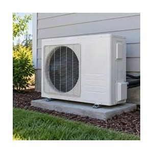 Residential central heat-pump condenser installed beside a home