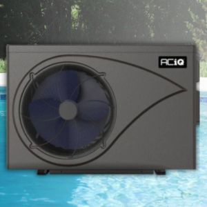 ACiQ inverter pool heat pump unit installed poolside beside a residential swimming pool for energy-efficient heating