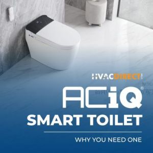 ACiQ smart toilet displayed in a luxury bathroom with HVACDirect branding and promotional text