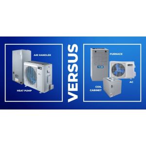 Side-by-side product layout: on the left an ACiQ heat pump with air handler, on the right a furnace, coil cabinet, and AC unit under “VERSUS.”
