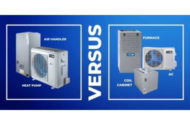 Side-by-side product layout: on the left an ACiQ heat pump with air handler, on the right a furnace, coil cabinet, and AC unit under “VERSUS.”