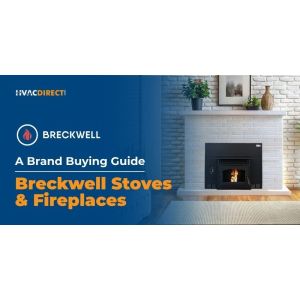 HVACDirect Breckwell brand buying guide banner featuring pellet fireplace insert in modern home interior