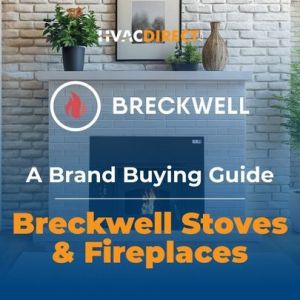 HVACDirect Breckwell brand buying guide banner featuring pellet fireplace insert in modern home interior