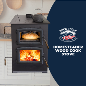 Buck Stove Homesteader wood cook stove with dual glass doors, oven, and firebox for heating and cooking