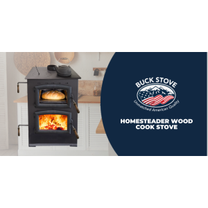 Buck Stove Homesteader wood cook stove with dual glass doors, oven, and firebox for heating and cooking