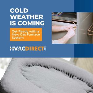 Snow-covered HVAC condenser units and furnace maintenance visuals promoting winter heating preparedness