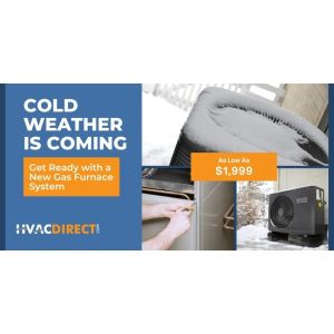 Snow-covered HVAC condenser units and furnace maintenance visuals promoting winter heating preparedness