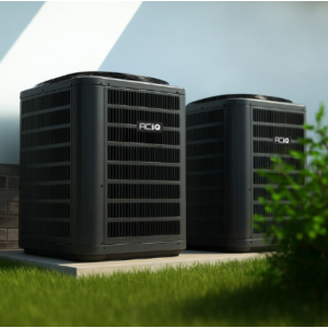 Two ACiQ-branded outdoor heat pump units on a concrete pad beside a modern home with brick siding and green lawn