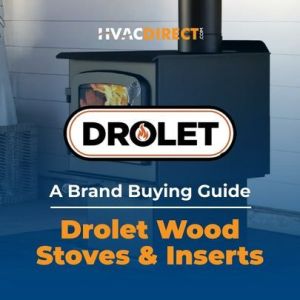 Drolet wood stove burning fire inside modern home with text overlay for brand buying guide