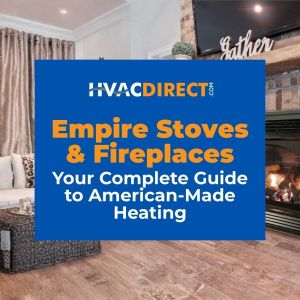 Living room with brick fireplace featuring Empire gas fireplace insert and HVACDirect.com branding