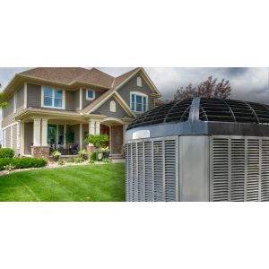 Central air conditioner installed outside a modern suburban house with green lawn and cloudy sky