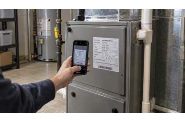 Furnace equipment label being photographed for model identification