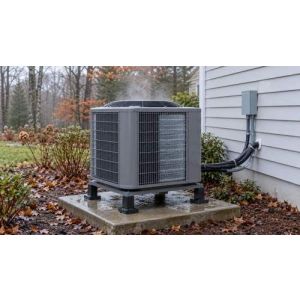 Outdoor heat pump with light frost, water vapor and meltwater
