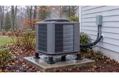 Outdoor heat pump with light frost, water vapor and meltwater