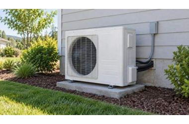 Outdoor heat pump beside a home