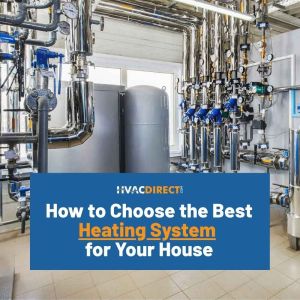 Boiler and furnace equipment inside a mechanical room with metal pipes and tanks — HVACDirect.com guide on choosing the best heating system for your house.