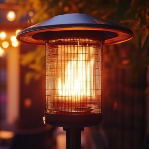 Outdoor patio heater glowing warmly on a cozy patio with string lights in the background, creating a comfortable evening atmosphere.