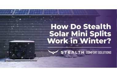Stealth solar mini split outdoor condenser operating in snowy winter conditions with solar panels on the roof as a list image