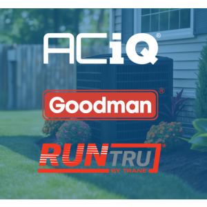 ACiQ, Goodman, and RunTru logos overlaid on a blurred backyard with an outdoor air-conditioning unit