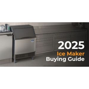 Stainless-steel undercounter ice machine next to commercial kitchen cabinets with overlaid text “2025 Ice Maker Buying Guide”