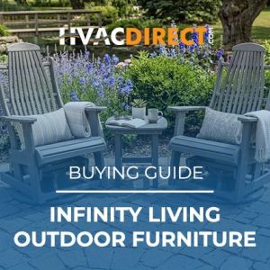 Infinity Living outdoor furniture buying guide graphic featuring gray patio gliders in a garden setting