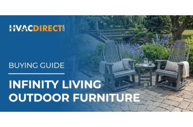 Infinity Living outdoor furniture buying guide graphic featuring gray patio gliders in a garden setting