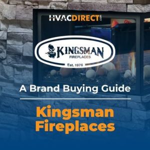 Kingsman fireplace with flame display and brand buying guide text overlay