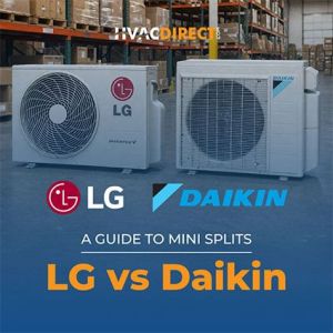 LG and Daikin mini split outdoor units comparison banner showing HVAC system differences