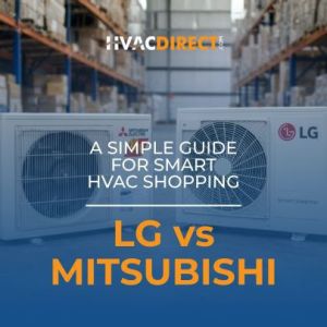 LG and Mitsubishi mini split condenser units featured in HVACDirect shopper’s guide comparing HVAC brands