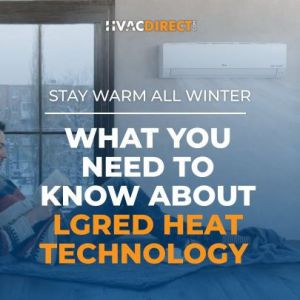 LG mini split indoor unit in winter setting featured in HVACDirect.com guide explaining LGRED heat technology
