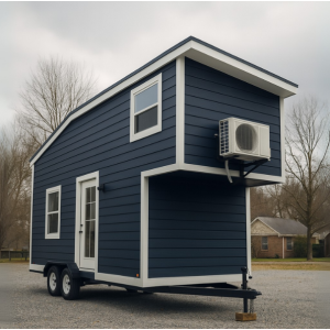 Outdoor mini‑split HVAC unit mounted on the side of a blue mobile tiny home parked on gravel