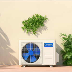 MRCOOL mini split air conditioning and heating outdoor condenser unit placed against a beige wall with tropical plants and shadows