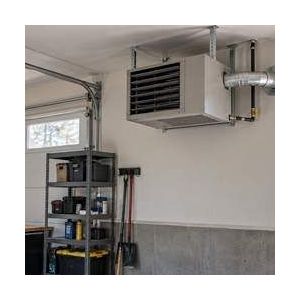 Professionally installed unit heater in garage workshop