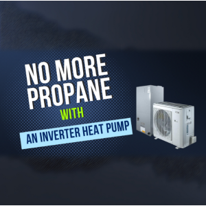 HVACDirect.com graphic showing “No More Propane with an Inverter Heat Pump” alongside an ACiQ inverter heat pump system.