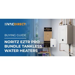 Noritz EZTR Pro tankless water heater installed on a wall beside EZTR bundle packaging in a residential utility space.