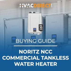 Noritz NCC commercial tankless water heater buying guide graphic with product image and commercial installation background.